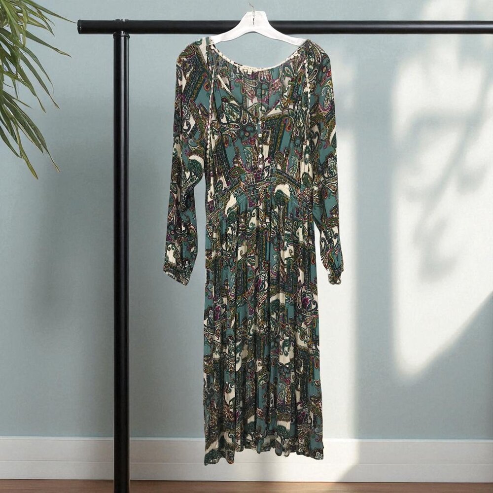 KATE & SAM Boho Dress Green Paisley V-Neck Flowy Maxi Dress L